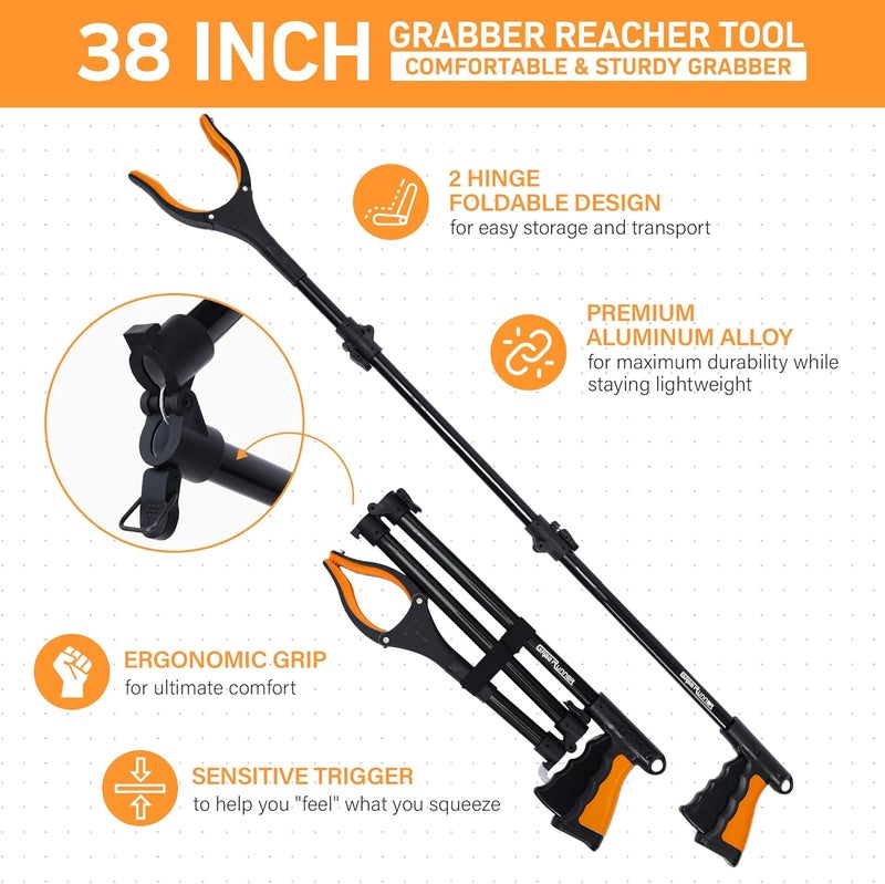 GrabRunner 38" Extra Long Grabber Reacher Tool – 2 Pack Extra Long Foldable Reacher Grabber Pickup Tools with 360° Rotating Jaw - Heavy Duty Pick Up Grabbers for Seniors, Trash, Surgery Recovery (Orange Blue) - Image 4